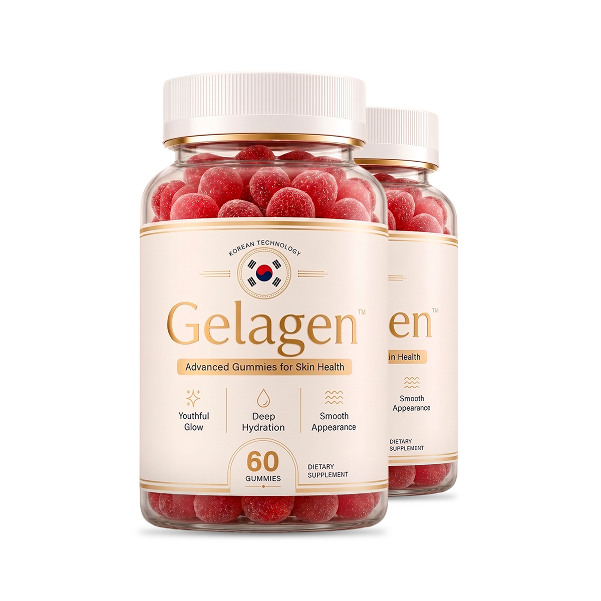 Two bottles of Gelagen red skin health gummies